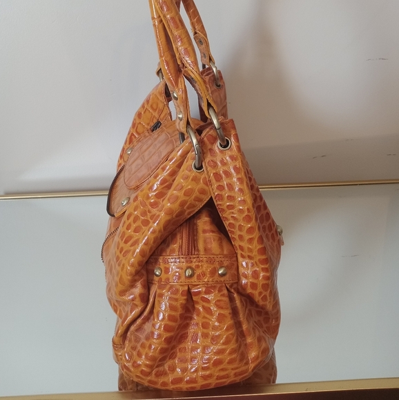 Michael Rome Hobo Leather Orange Crocodile-Embossed Handbag - Picture 5 of 14